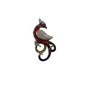 Jeweled Peacock Peafowl Bird Silver Tone Rhinestones Pendant 2.1” x 1”